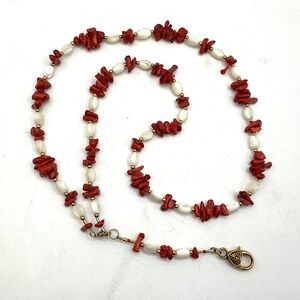 LANYARD NECKLACE Red Coral and Mother of Pearl Beads  29"